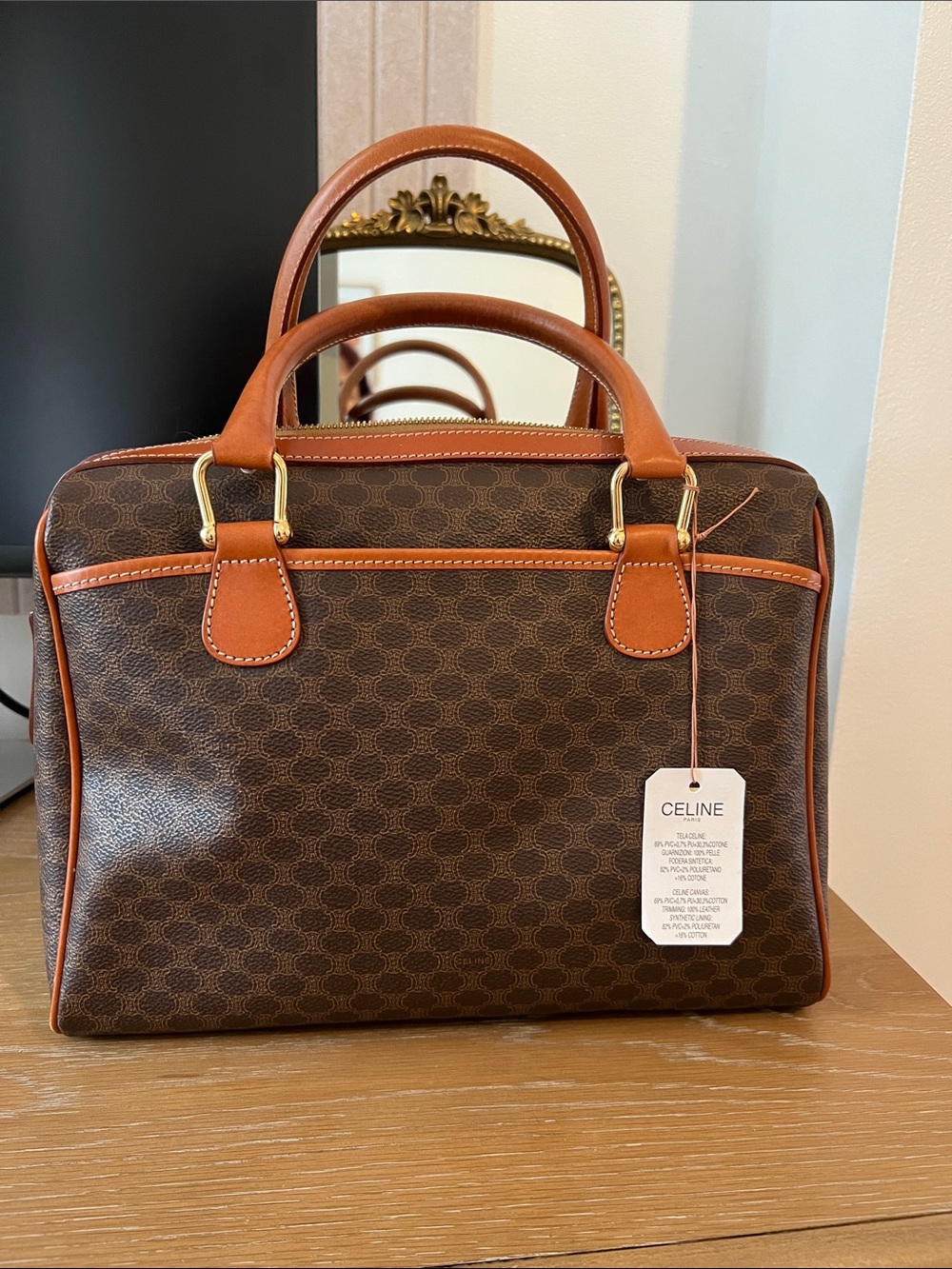 Celine Brown Macadam Canvas Satchel with Tan Leather Trim